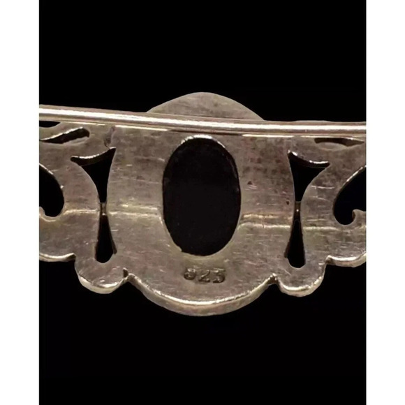 VTG Onyx & Marcasite Sterling Silver mourning Collar Brooch Pin 925 silver - Picture 4 of 9